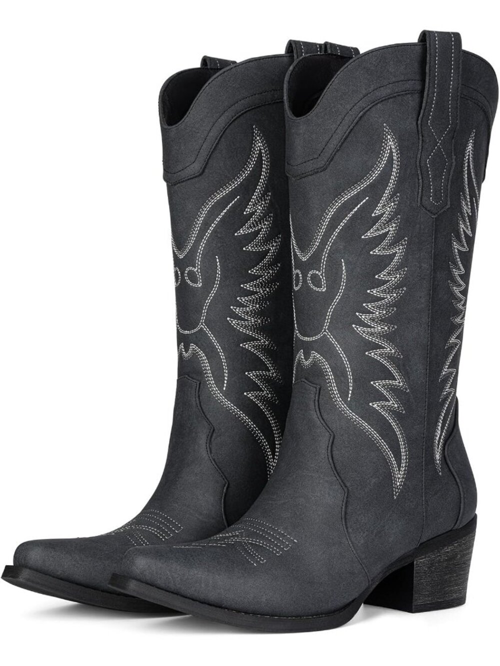 Women Black Faux Leather Pointed Toe Cowboy Mid-Calf Chunky Heel